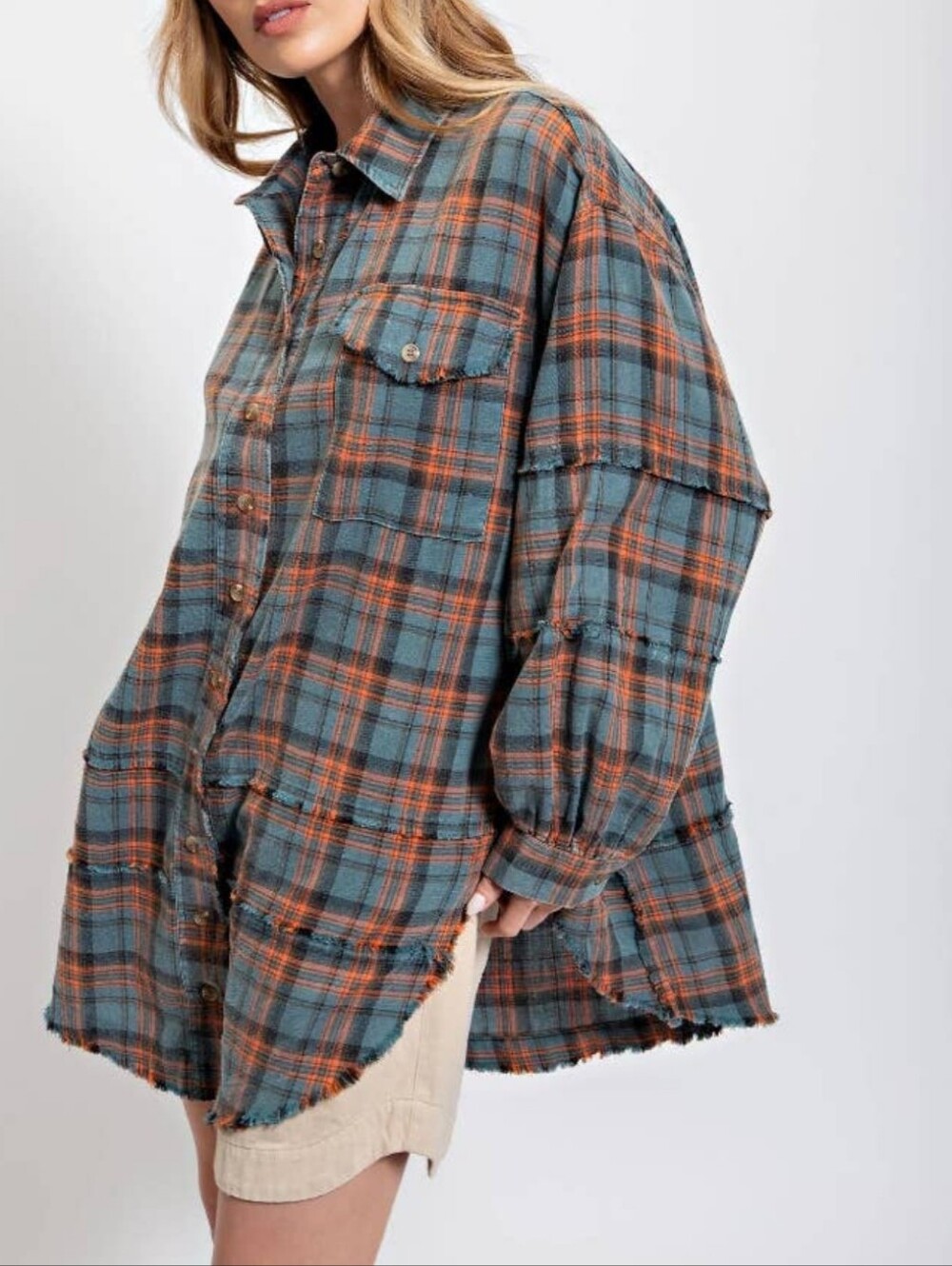 Easel Plaid Oversized Button-Front Shirt in Teal and Rust